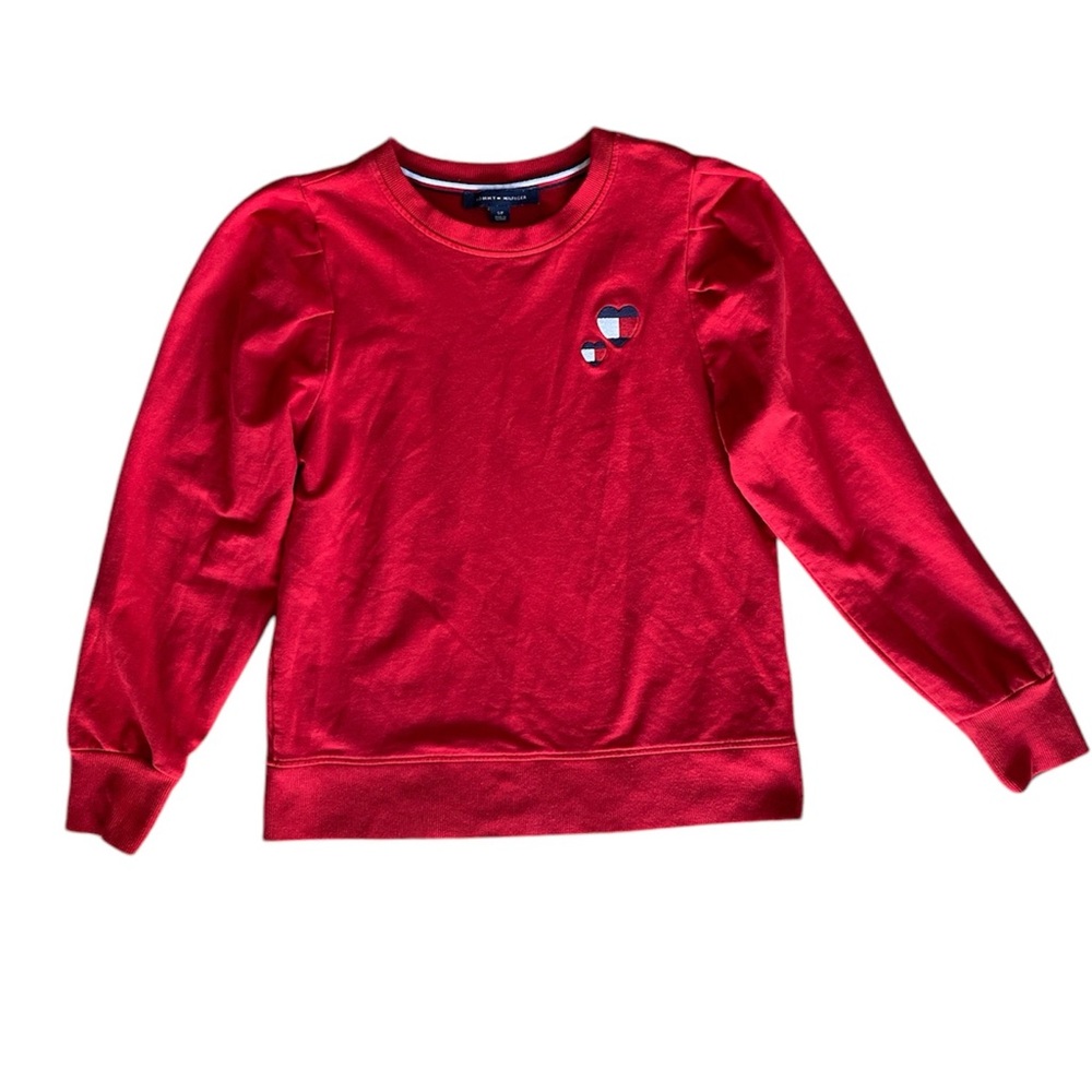 Tommy Hilfiger Sweatshirt Red Double Heart Puffed Shoulders Long Sleeve, Women S